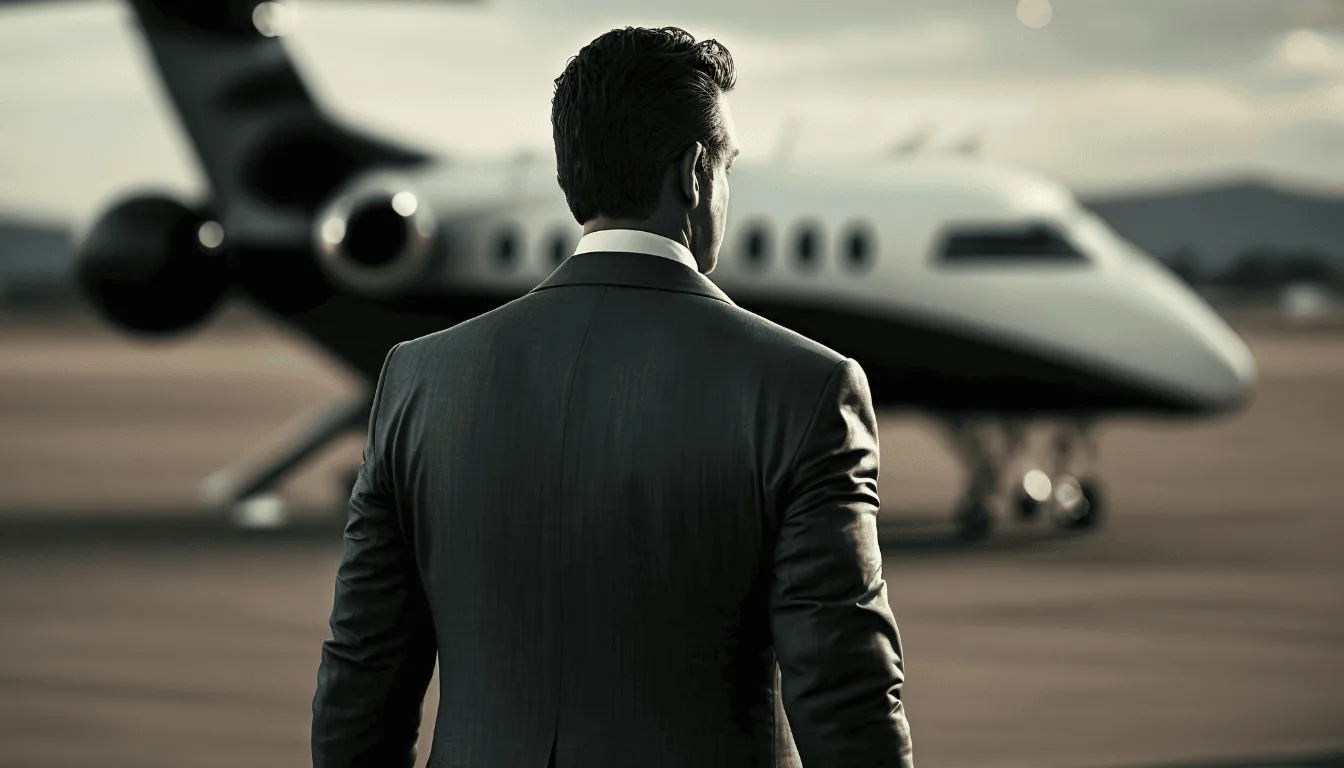 Man in a tailored suit walking towards a private jet